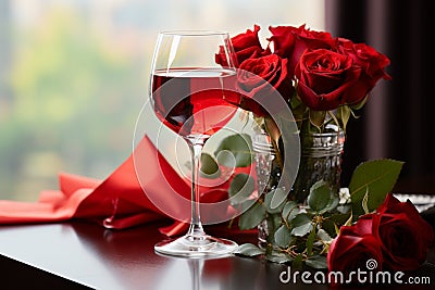 Valentines symbols A red rose and a glass of wine, romance epitomized Stock Photo