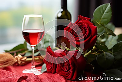 Valentines symbols A red rose and a glass of wine, romance epitomized Stock Photo