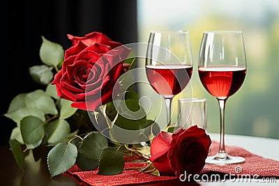 Valentines symbols A red rose and a glass of wine, romance epitomized Stock Photo