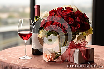 Valentines symbols Red rose, wine, and a gift box, love and romance Stock Photo