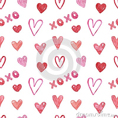 Watercolor cute Valentines day seamless pattern with pink and red hearts on white background. Holiday print Stock Photo