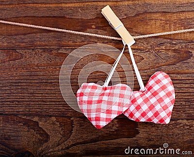 Valentines Vintage Handmade Hearts over Wooden Stock Photo