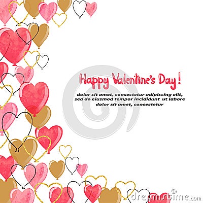 Valentines watercolor hearts balloons border for your design. Vector Illustration