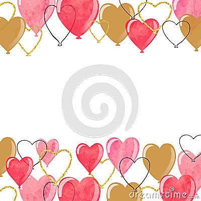 Valentines watercolor hearts balloons borders. Vector Illustration