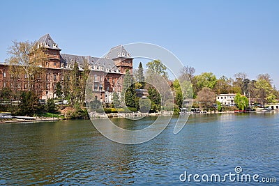 Valentino castle and Po river bank, clear blue sky in Piedmont, Turin, Italy Editorial Stock Photo