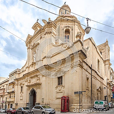 View at the Church Agios Nikolaos in the streets of Valetta in Malta Editorial Stock Photo