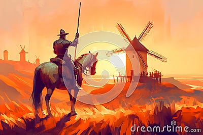 A valiant knight, Don Quixote, confronts iconic windmills at sunset, embodying the eternal struggle against imaginary foes Stock Photo