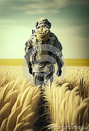 Valiant warrior soldier walks through the field with wheat harvest. AI Generated Stock Photo