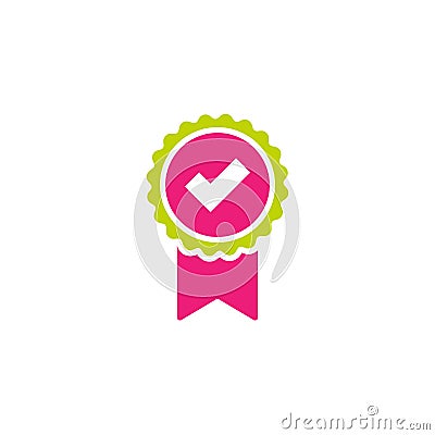 Valid Seal icon. Green and pink circle with ribbon and white tick. Quality guarantee Cartoon Illustration