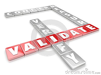 Validate Word Letter Tiles Certify Verify Confirm Measure Stock Photo