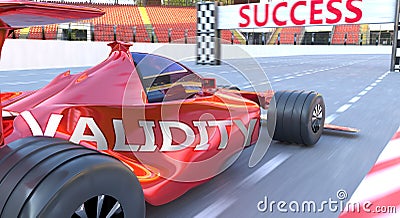 Validity and success - pictured as word Validity and a f1 car, to symbolize that Validity can help achieving success and Cartoon Illustration