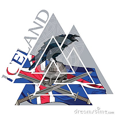 Valknut ancient pagan Nordic Germanic symbol, Iceland flag, Raven and Viking weapons Vector Illustration