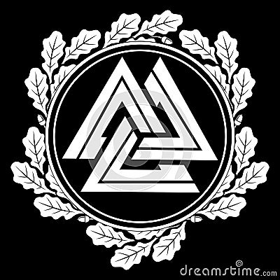 Valknut ancient pagan Nordic Germanic symbol and oak leaves Vector Illustration