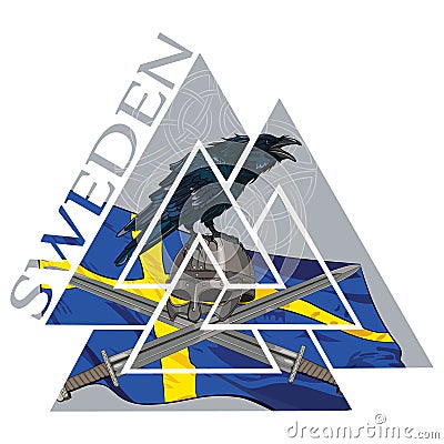 Valknut ancient pagan Nordic Germanic symbol, Sweden flag, Raven and Viking weapons Vector Illustration