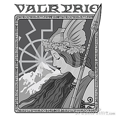 Valkyrie, illustration to Scandinavian mythology, drawn in Art Nouveau style Cartoon Illustration