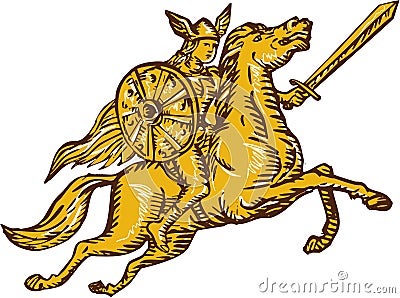 Valkyrie Warrior Riding Horse Sword Etching Vector Illustration