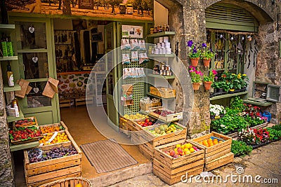 A local vegetable store in the center of Valldemossa, Mallorca Spain. Editorial Stock Photo