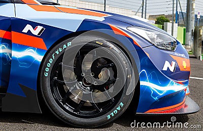 Good Year Eagle tire on Hyundai Electric racing car detail in circuit Editorial Stock Photo
