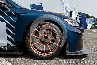 Yokohama tire on Cupra Electric racing car detail in circuit paddock Editorial Stock Photo