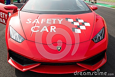 Vallelunga, Italy september 15 2019. Close up front view of Lamborghini racing safety car Editorial Stock Photo