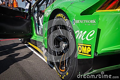 Vallelunga, Italy september 15 2019. Close up of Pirelli tire on car, in racing circuit Editorial Stock Photo