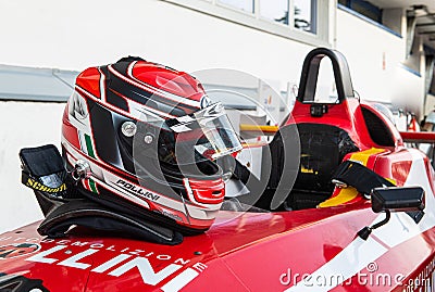 Vallelunga, Italy september 15 2019. Racing car driver helmet close up Editorial Stock Photo