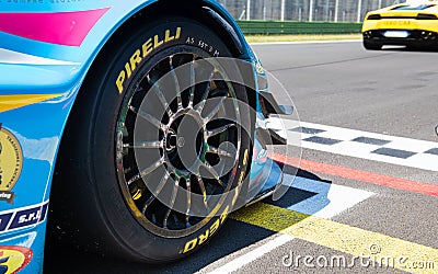 Vallelunga, Italy september 14 2019. Close up of Pirelli tire on car, in racing circuit Editorial Stock Photo