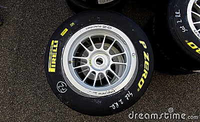 High angle view close up of single Pirelli racing tire p zero brand name Editorial Stock Photo