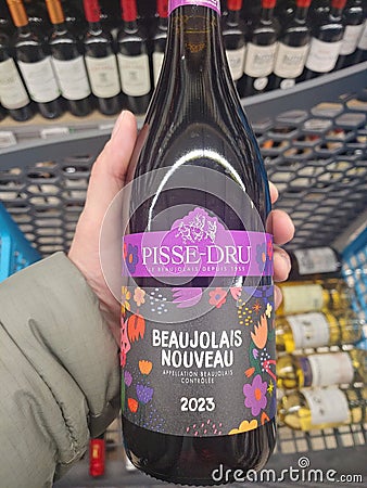 VALLET, FRANCE - November 18, 2023: a bottle of French wine Beaujolais Nouveau 2023. Editorial Stock Photo