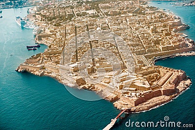 Valletta, the Capital City of Malta from view airplane harbor, capitol Stock Photo