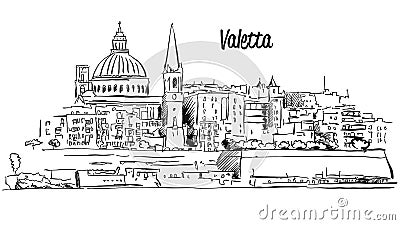 Valletta, Malta. Panorama Waterfront Outline Vector Sketch Vector Illustration