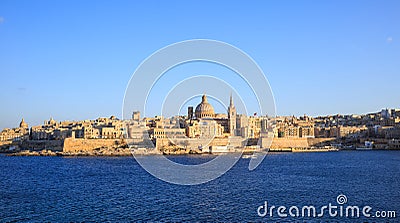 Valletta, Malta. Panoramic view of the historic island and the dome of Carmelite Church and St Paul`s tower. Stock Photo