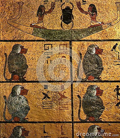 Valley of the kings in egypt, a relief from the tomb of tutankamun solar boat in the shape of a scarab with baboons Editorial Stock Photo