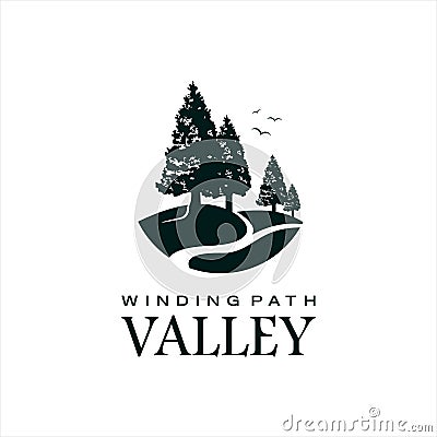 Valley Logo Vector with Black Pine Tree Silhouette Winding Path Vector Illustration
