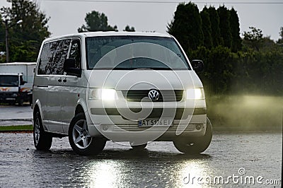 Valley, Ukraine September 17, 2021: Volkswagen white transporter, bus for transporting people. Editorial Stock Photo