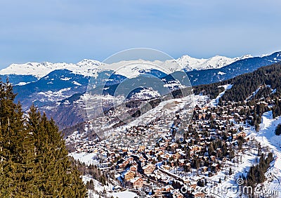 Valley view of Meribel. Meribel Village Center (1450 m) Editorial Stock Photo