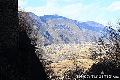 Valley with villages in mountains Alps Stock Photo