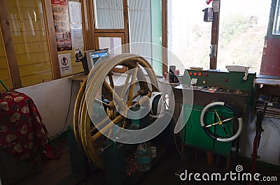 Mechanism and control panel of old funicular in Valparaiso city. Control cabin of famous historic funicular Editorial Stock Photo