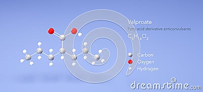 valproate molecule, molecular structures, valproic acid, 3d model, Structural Chemical Formula and Atoms with Color Coding Stock Photo