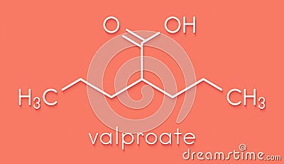 Valproic acid or valproate epilepsy seizures drug molecule. Skeletal formula. Stock Photo
