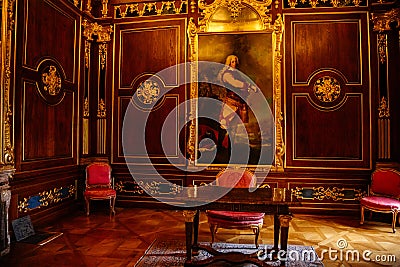 Valtice, Southern Moravia, Czech Republic, 04 July 2021: romantic castle interior with baroque furniture, wooden carved writing Editorial Stock Photo
