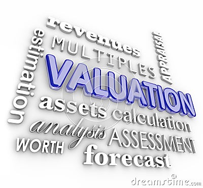 Valuation 3d Word Collage Multiples Revenues Assets Company Business Stock Photo