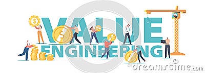 Value Engineering Concept. Engineers Characters Collect Gold Coins in Stacks Using Tower Crane, People Saving Money Vector Illustration