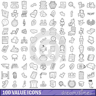 100 value icons set, outline style Vector Illustration