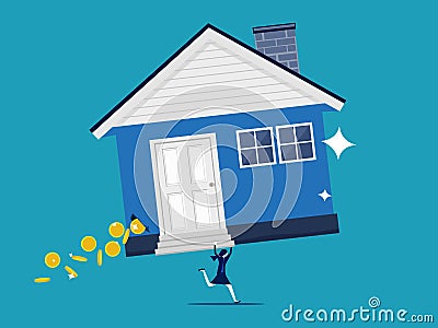 The value of the property decreases. Businesswoman holding big house with money flowing Vector Illustration