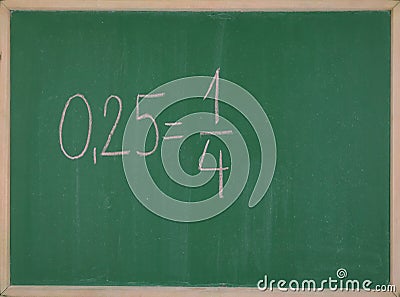 Values in mathematics 0.25 is equal to one quarter. Stock Photo