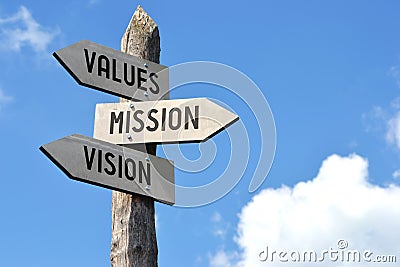 Values, mission, vision - crossroads sign with three arrows Stock Photo