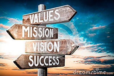 Values, mission, vision, success - wooden signpost, roadsign with four arrows Stock Photo