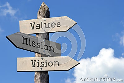 Values, mission, vision - wooden signpost with three arrows Stock Photo