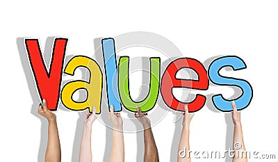 Values word and Brick Wall in the Background Stock Photo